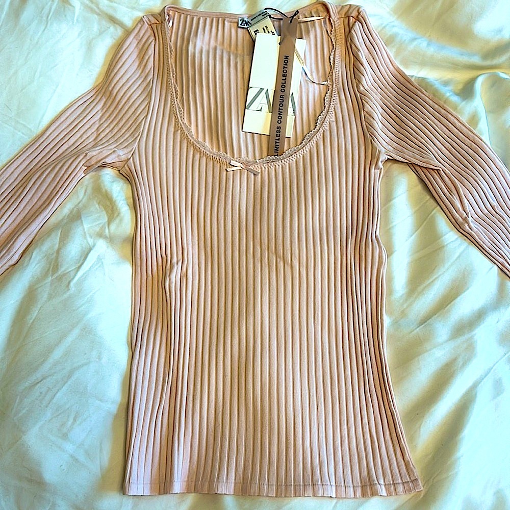 Zara NWT Baby Pink Lace Scoop Neck Top with Bow
